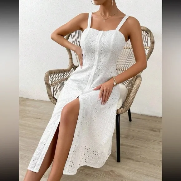 Boho Floral Sheer Lace Eyelet Button Down Shirt Cami Dress White | Color: White | Size: 4 | Dolldoll7800's Closet